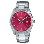 CASIO COLLECTION Mod. DATE - CHERRY RED wristwatch with stainless steel bracelet, quartz movement, and 5 ATM water resistance.