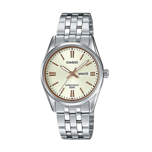 CASIO COLLECTION Mod. LADY DAY & DATE - CHAMPAGNE wristwatch with a stainless steel bracelet, quartz movement, and day-date function.
