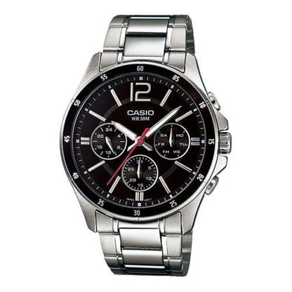CASIO COLLECTION Mod. MULTIFUNCTION CALENDAR - BLACK wristwatch with stainless steel case and bracelet, 5 ATM water resistance, quartz movement.