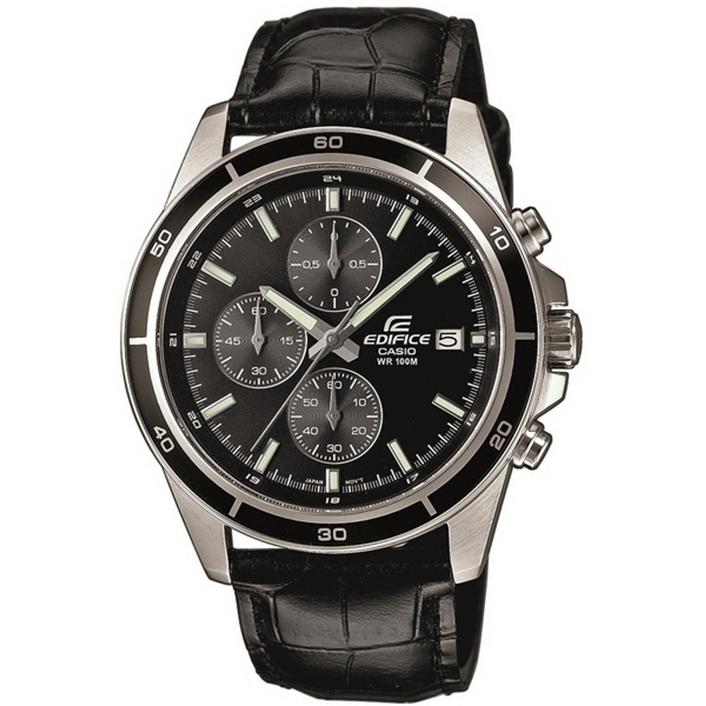 CASIO EDIFICE Mod. CLASSIC CHRONOGRAPH LEATHER- ALL BLACK, 44mm stainless steel case, leather strap, quartz movement, water resistant wristwatch.
