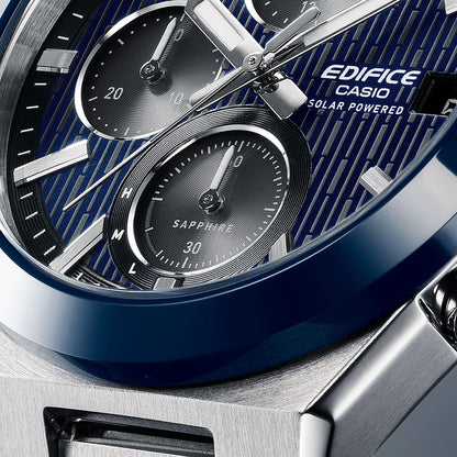 Close-up of CASIO EDIFICE Mod. SOLAR POWERED CHRONOGRAPH - BLUE watch showing its chronograph dial and stainless steel case.