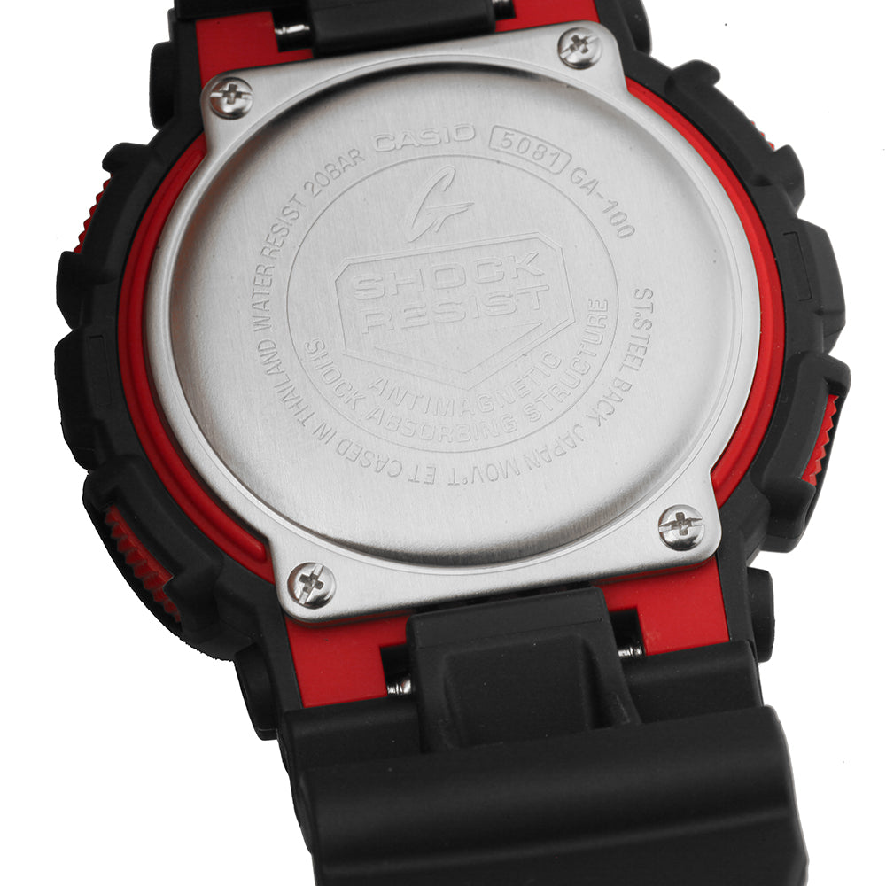 Back view of CASIO G-SHOCK Mod. GS BASIC watch showing water-resistant 20 ATM casing with resin strap and quartz movement.