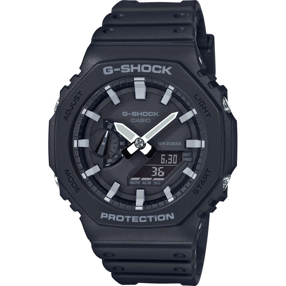 CASIO G-SHOCK Mod. OAK Black wristwatch, water resistant 20 ATM, carbon & resin case, resin strap, quartz movement, multifunction dial.