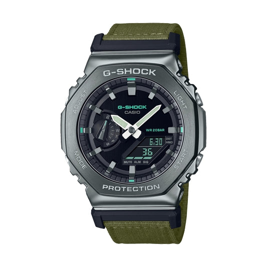 Alt Tag: CASIO G-SHOCK Mod. OAK METAL COVERED - UTILITY SERIE KHAKI GREEN wristwatch with 20 ATM water resistance and multifunction quartz movement.