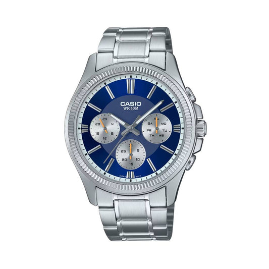 Alt Tag: CASIO Mod. DAY DATE MULTIFUNCTION - BLUE wristwatch with stainless steel bracelet, 43.5mm case, quartz movement, and mineral dial.