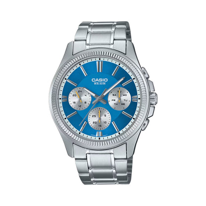 CASIO Mod. DAY DATE MULTIFUNCTION - LIGHT BLUE wristwatch with stainless steel bracelet and 43.5 mm case, water resistant to 5 ATM.