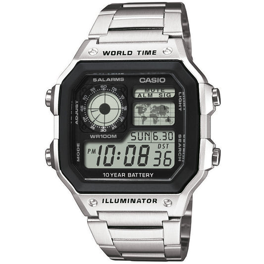 CASIO SPORT Mod. DIVER - WORLD TIME ILLUMINATOR 5 ALARMS - FUTURE CLASSIC COLLECTION - SILVER STEEL wristwatch, metal strap, dual time display.