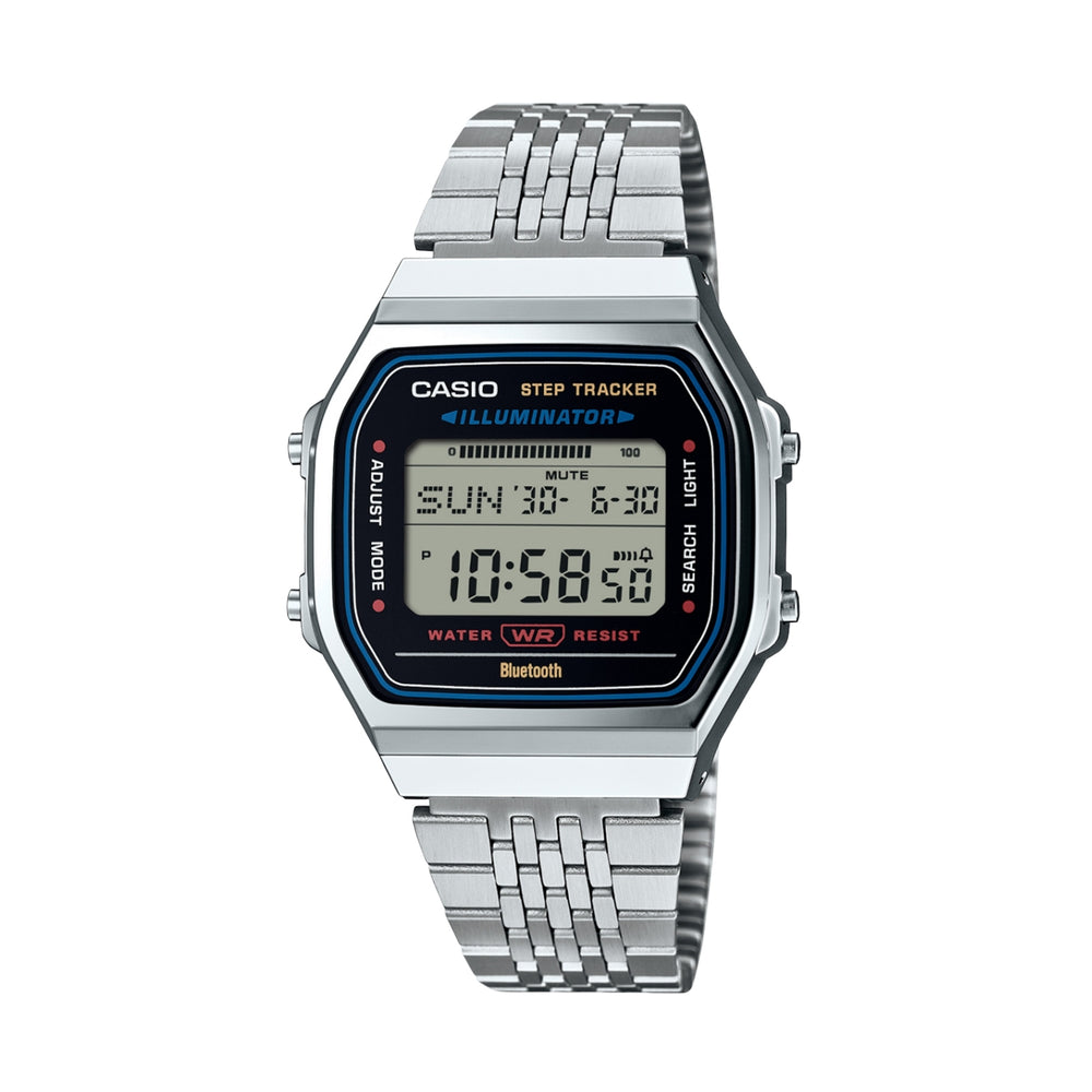 CASIO VINTAGE Mod. SILVER -BLUETOOTH® SMARTPHONE LINK wristwatch with accelerometer and step counter, unisex resin and SS bracelet, quartz movement.