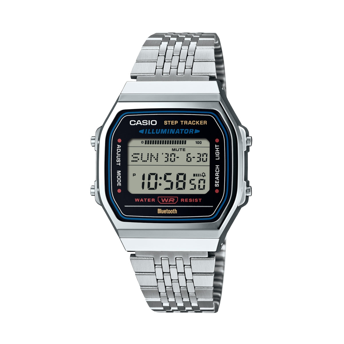 CASIO VINTAGE Mod. SILVER -BLUETOOTH® SMARTPHONE LINK wristwatch with accelerometer and step counter, unisex resin and SS bracelet, quartz movement.