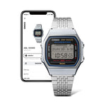 CASIO VINTAGE Mod. SILVER -BLUETOOTH® SMARTPHONE LINK wristwatch with step counter and accelerometer displayed with smartphone app.