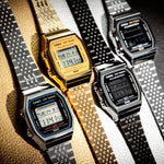 Collection of CASIO VINTAGE Mod. SILVER -BLUETOOTH® SMARTPHONE LINK watches with step counter and splash-proof resin case.