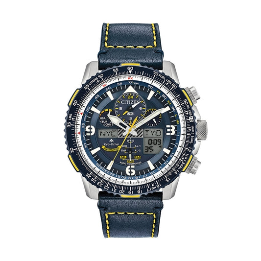 CITIZEN Mod. PROMASTER Skyhawk Blue Angel wristwatch with 20 ATM water resistance, 46mm stainless steel case, leather strap, and quartz movement.