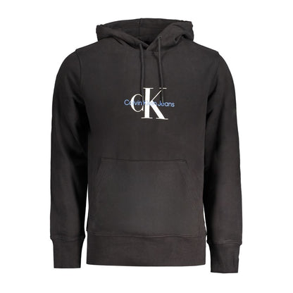 Calvin Klein Black Cotton Men Sweater Hoodie with logo print, central pocket, long sleeves, and hood. Stylish and comfortable choice.