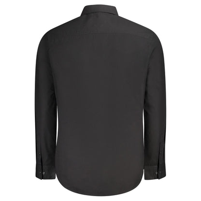 Back view of Calvin Klein Black Cotton Shirt with long sleeves, Italian collar, and 2 button cuffs, made of 100% organic cotton.