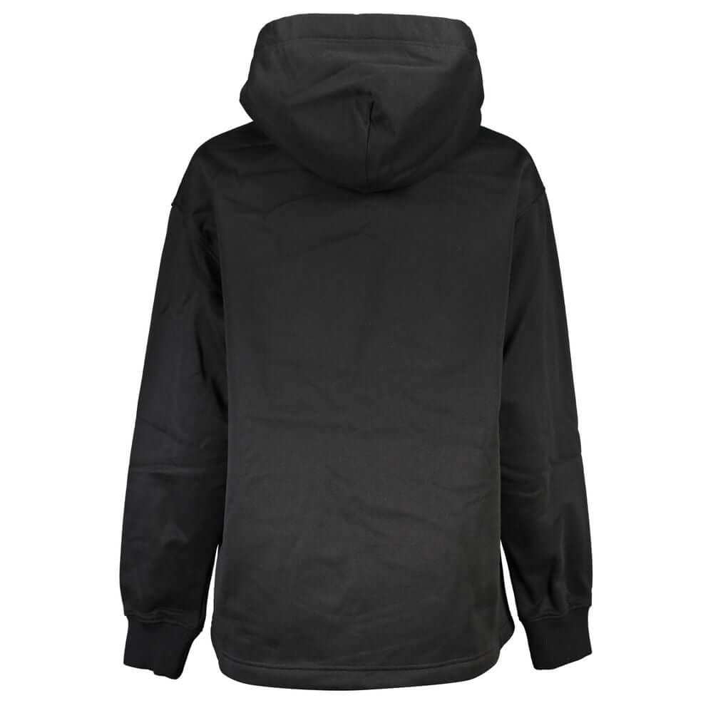 Rear view of Calvin Klein Black Polyester Women Sweater with hood, showcasing soft fleece fabric and sustainable design.