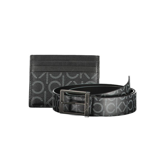 Calvin Klein Black Polyethylene Mens Wallet with matching belt, featuring signature logo and modern design elements for a stylish accessory set.