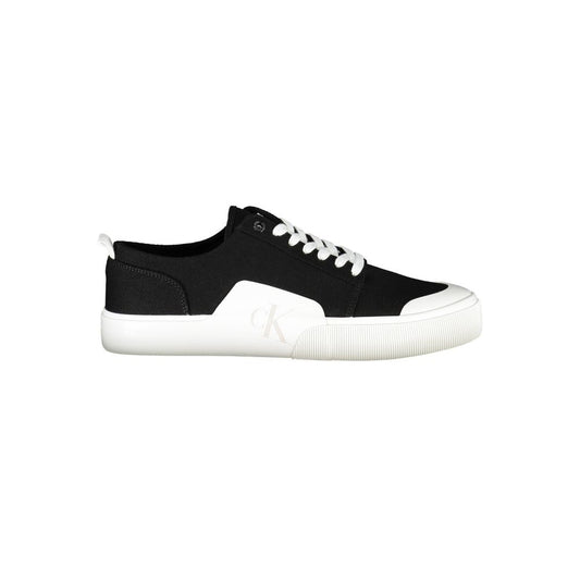 Calvin Klein Black Recycled Material Men Sneaker with white sole and logo, showcasing sustainable fashion design.