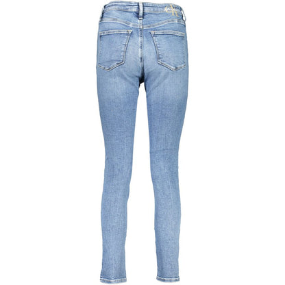 Calvin Klein Blue Cotton Women Jeans, eco-friendly high-rise skinny style, featuring signature logo detail and elegant embroidery back view.