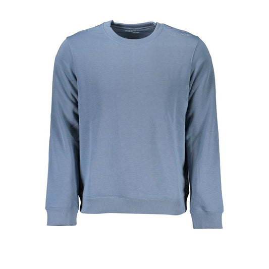 Calvin Klein Blue Polyester Men Sweater with CK logo, long sleeves, brushed finish, crew neck, trendy athleisure style.