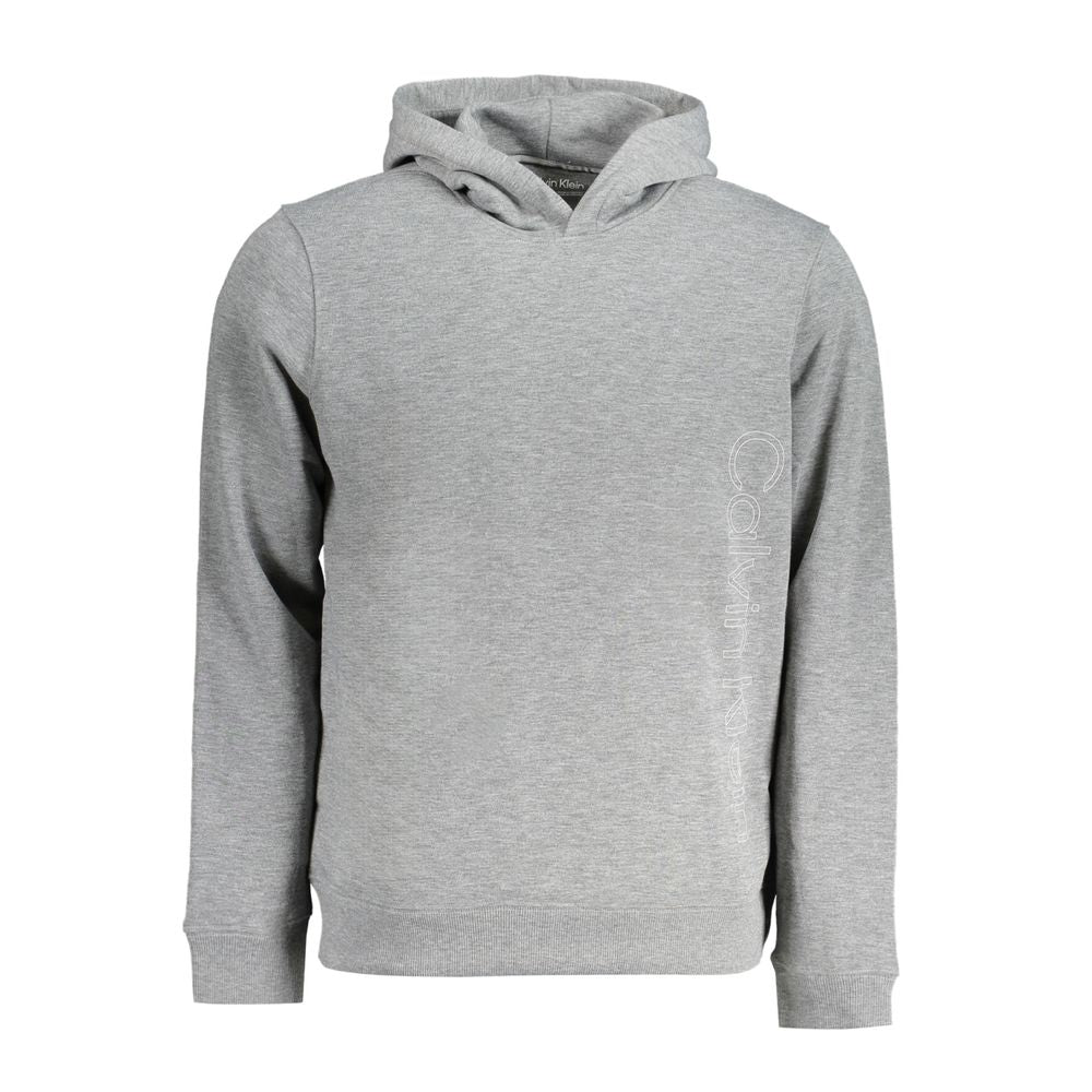 Calvin Klein Gray Polyester Men Sweater, eco-friendly design with bold logo print, made from 100% recycled polyester for casual comfort.