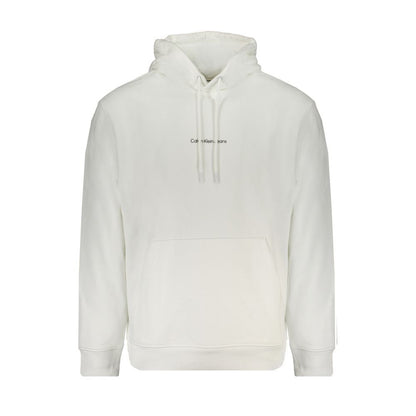 Alt Tag: Calvin Klein White Cotton Men Sweater with Hood featuring iconic logo and central pocket, made from 95% regenerative cotton.