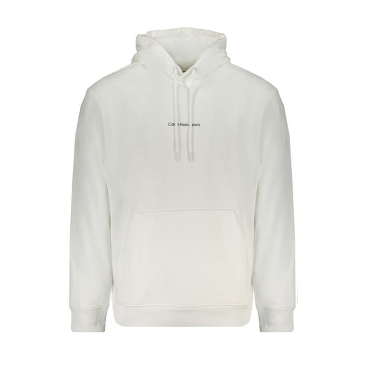 Alt Tag: Calvin Klein White Cotton Men Sweater with Hood featuring iconic logo and central pocket, made from 95% regenerative cotton.