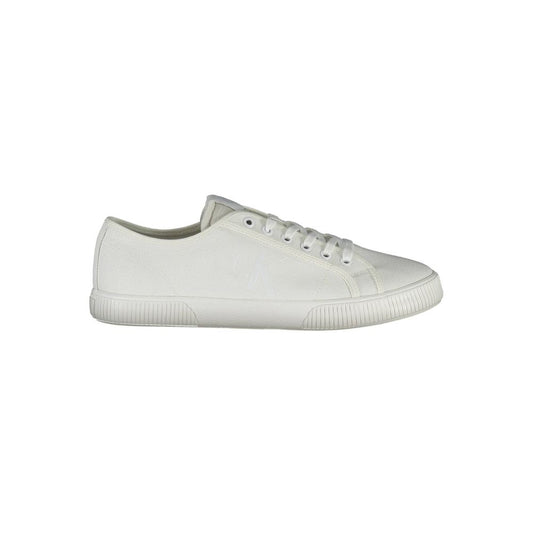 Calvin Klein White Polyester Men Sneaker with bold logo and recycled materials for sustainable style.