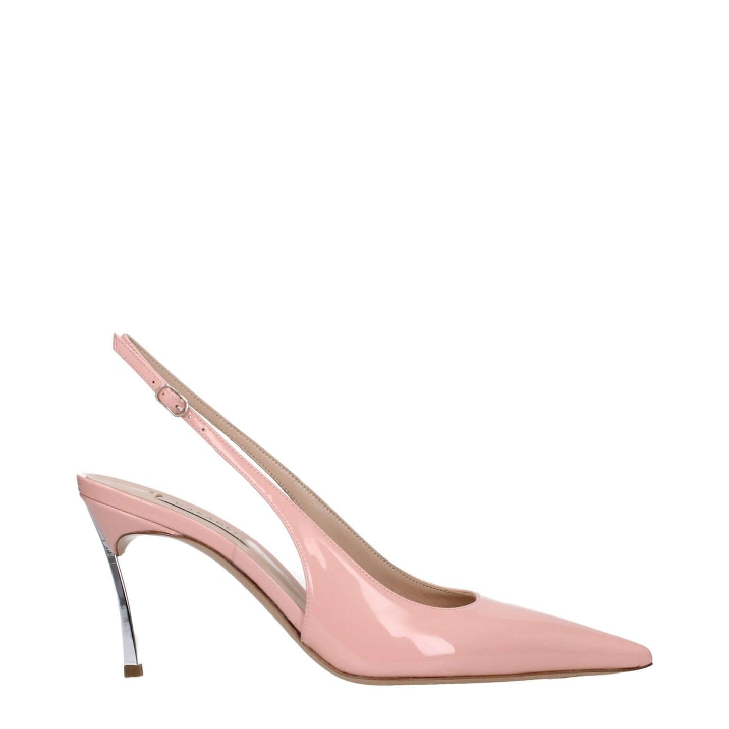 Casadei Pink Leather High Heel Pumps with pointy toe, buckle closure, and silver details. Mid heels, leather sole. MPN: 1G590X080MC14814108