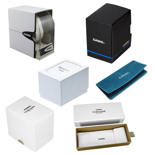 Packaging options for CASIO VINTAGE Mod. ICONIC - CLASSIC SILVER wristwatch featuring official boxes and cases.