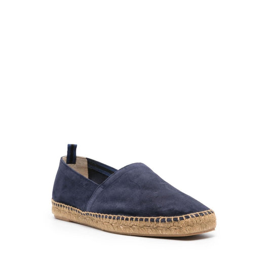 Castañer Castaner Pablo suede espadrilles in midnight blue calf suede with braided raffia sole and pull-tab at heel.