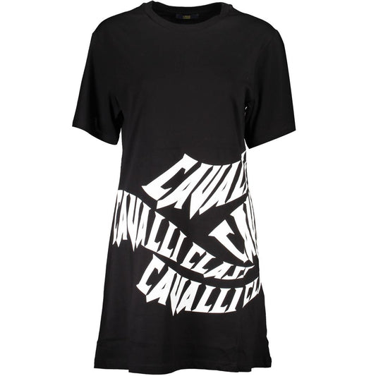 Cavalli Class Black Cotton Dress with print and logo, short sleeves, and round neck.