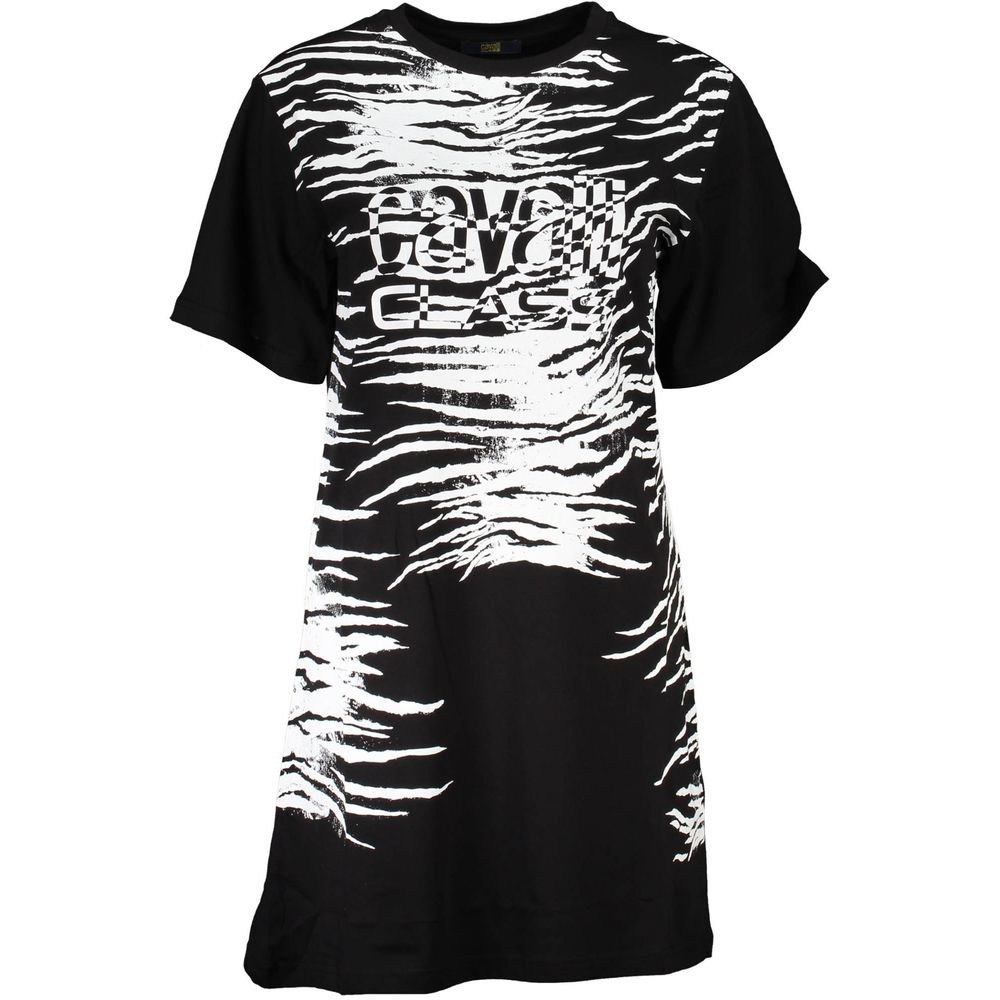Cavalli Class Black Cotton Women Dress with chic bold print, ideal for modern sophistication and elegance, short sleeve design.
