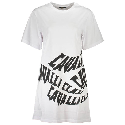 Cavalli Class White Cotton Women Dress with bold logo print, short sleeves, and round neck, showcasing contemporary chic and elegance.