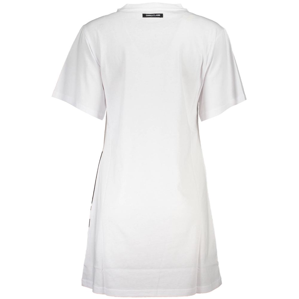 Cavalli Class White Cotton Women Dress with bold logo print, short sleeves, and round neck, showcasing contemporary chic style.