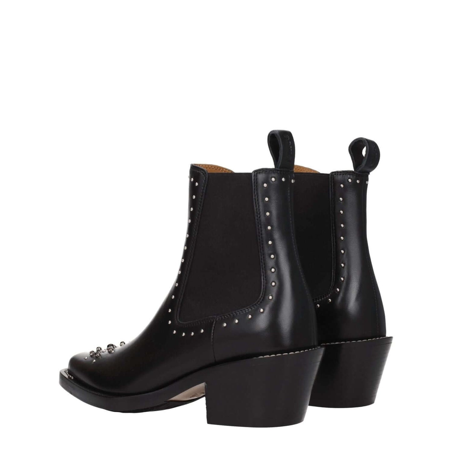 Chloé Black Leather Ankle Boots with studs, silver stones, mid heels, and rubber sole, featuring square toe design.