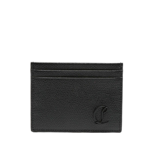 Christian Louboutin Mooncrest leather card case in black calf leather, embossed logo, multiple card slots, grained texture.