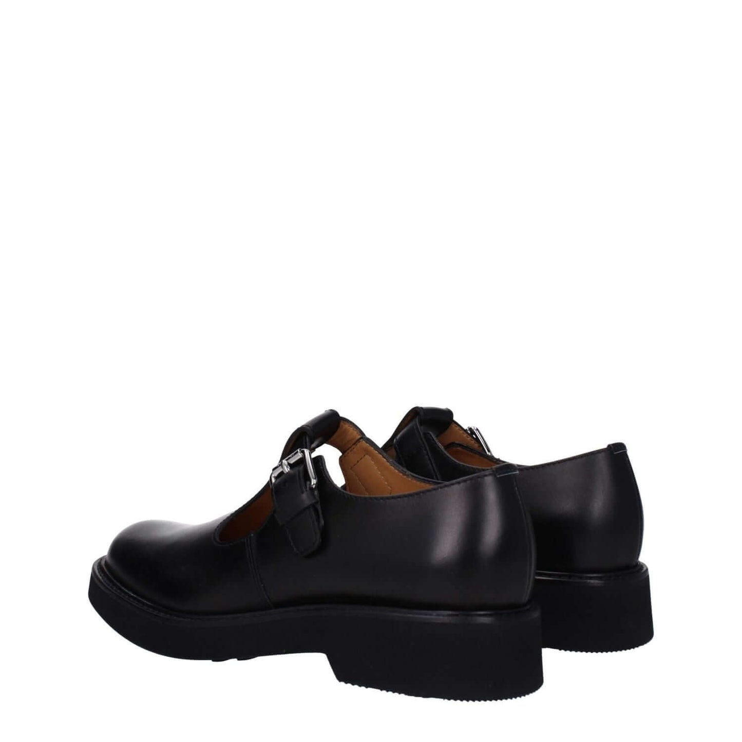 Church's Black Leather Oxfords And Derbies with buckle closure, round toe, mid heels, and rubber sole; casual style.