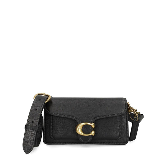 Coach Tabby 20 leather crossbody bag in black with gold hardware, featuring multifunctional pockets and a removable shoulder strap.