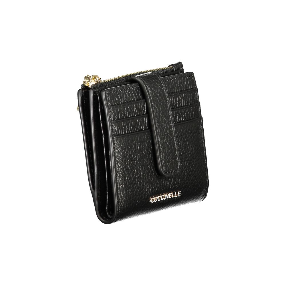 Coccinelle Black Leather Women Wallet with card slots and coin purse, showcasing Italian craftsmanship and elegant design.