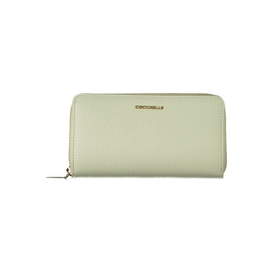 Coccinelle Green Leather Wallet with zip closure, 5 compartments, coin purse, and card spaces, featuring the Coccinelle logo.