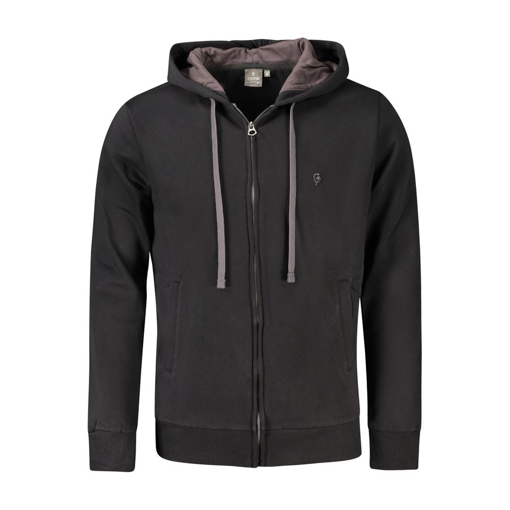 Coveri Moving Black Cotton Men Sweater with embroidered logo and zipper front, perfect for casual style and comfort.
