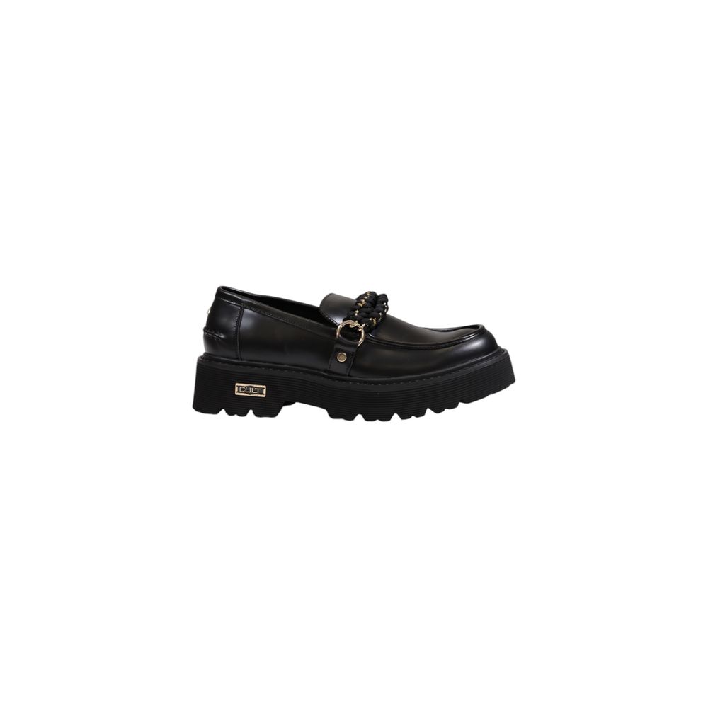 Cult Black Leather Platform women's shoe with decorative chain and chunky sole.