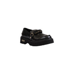 Cult Black Leather Platform shoe with brushed finish and chain detail, featuring chunky treaded sole for stable, stylish comfort.