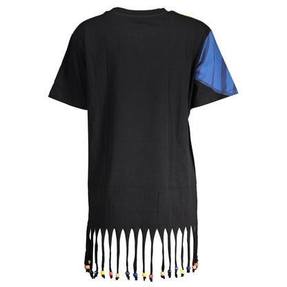 Desigual Black Cotton Women Dress with vibrant details and unique fringe design, back view showcasing contrasting sleeve accents.