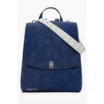 Desigual Blue Polyethylene Women Backpack with floral embroidery and white strap, featuring a stylish turnbuckle closure.
