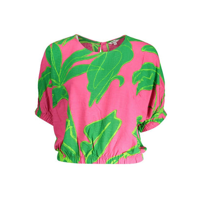 Desigual Pink Viscose Women Top with green leaf pattern, short sleeves, and elastic waist, featuring a wide neckline and back button detail.