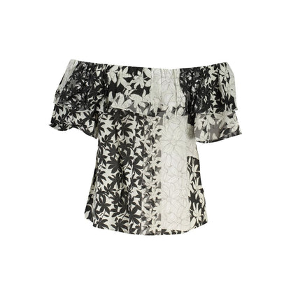 Black and white floral off-shoulder top with ruffled sleeves for women