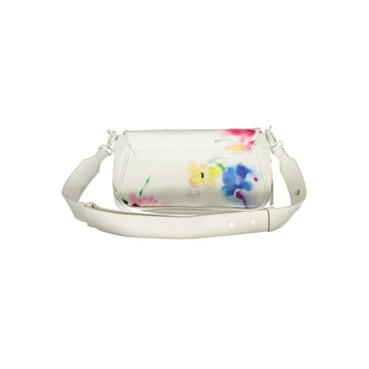 Desigual White Polyethylene Handbag with floral design, removable chain shoulder handle, adjustable strap, external and internal pockets