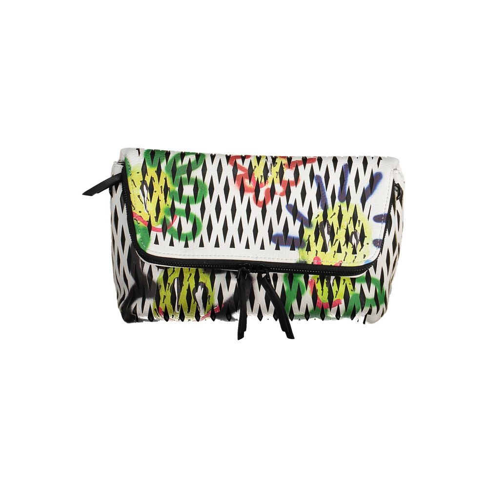 Desigual White Polyethylene Women Handbag with vibrant pattern, featuring adjustable strap and spacious compartments for organization.
