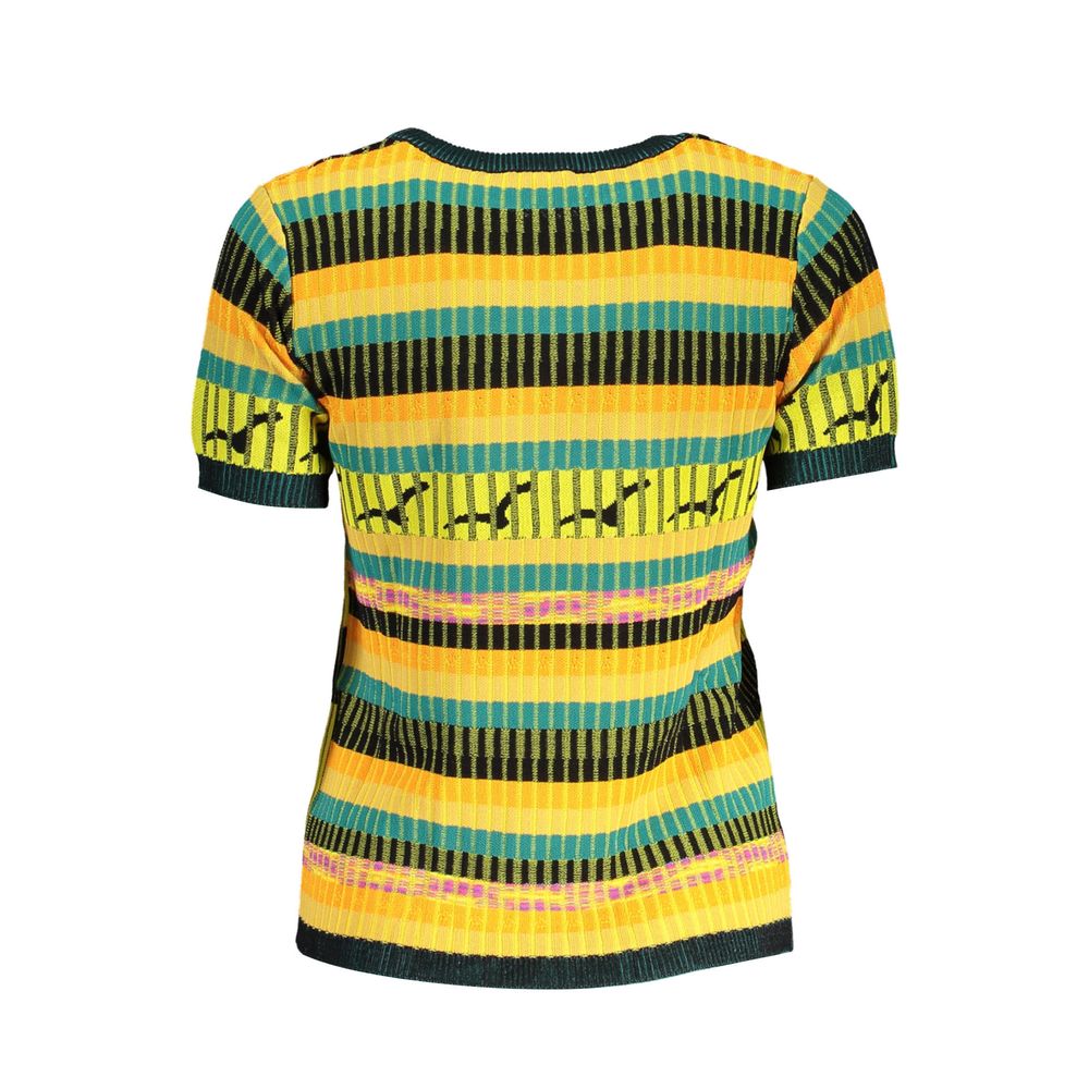 Desigual Yellow Viscose Women Sweater featuring vibrant stripes and short sleeves